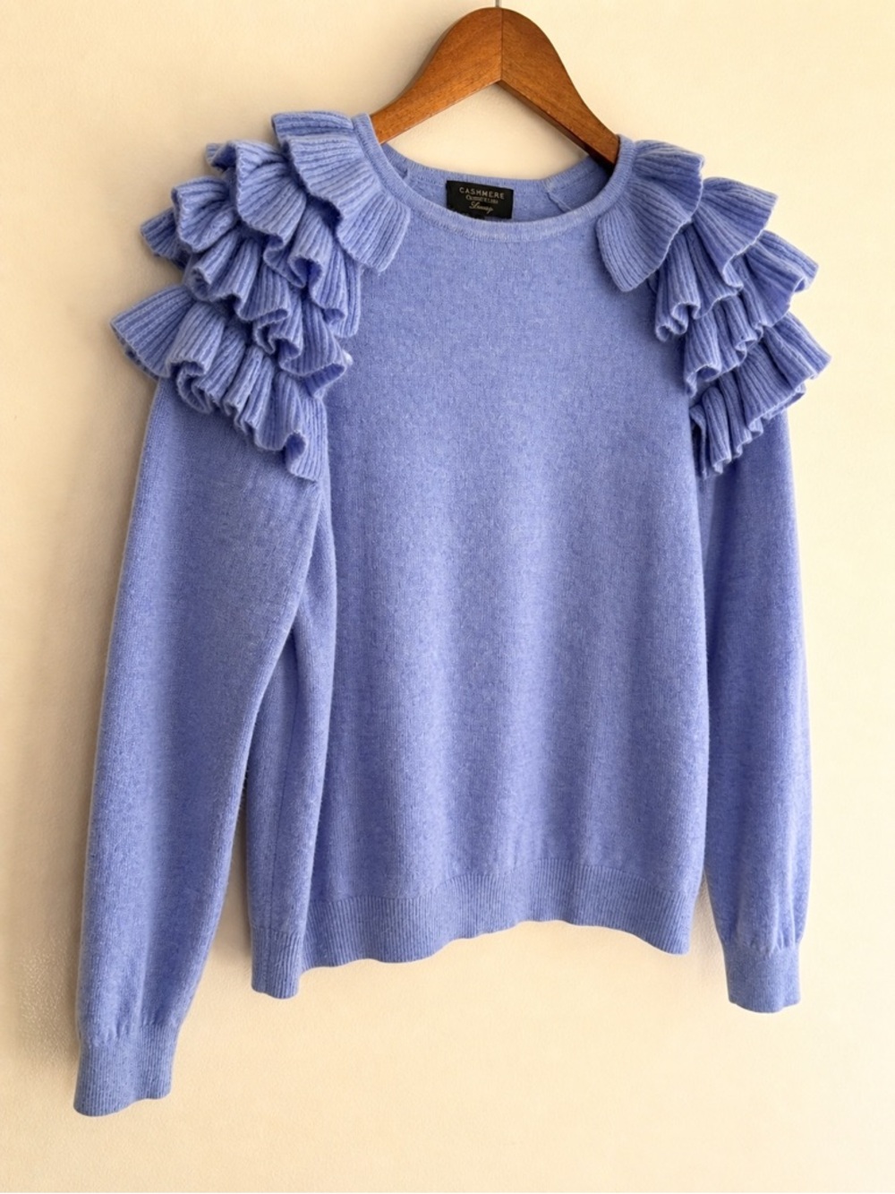 100% Cashmere Ruffle Shoulder Sweater Soft Luxury Blue Size L